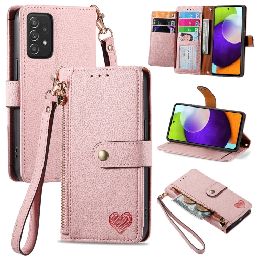 

For Samsung Galaxy A52 5G Love Zipper Lanyard Leather Phone Case(Pink)
