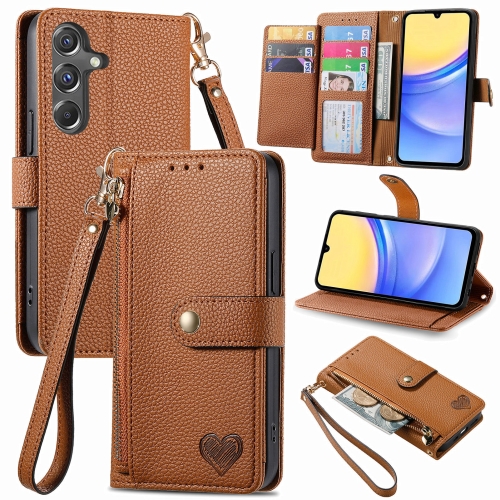 

For Samsung Galaxy A15 Love Zipper Lanyard Leather Phone Case(Brown)