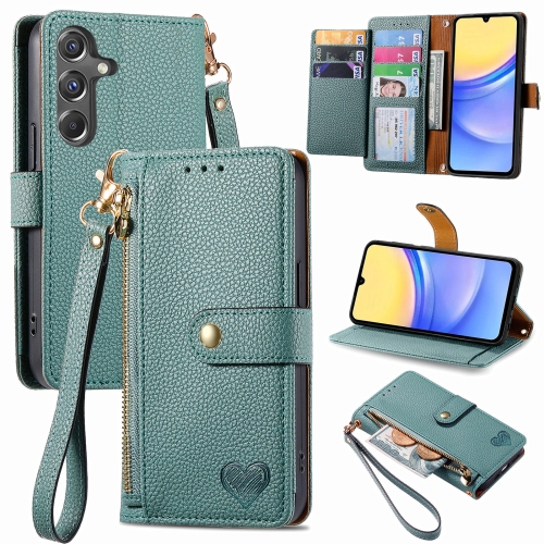 

For Samsung Galaxy A15 Love Zipper Lanyard Leather Phone Case(Green)