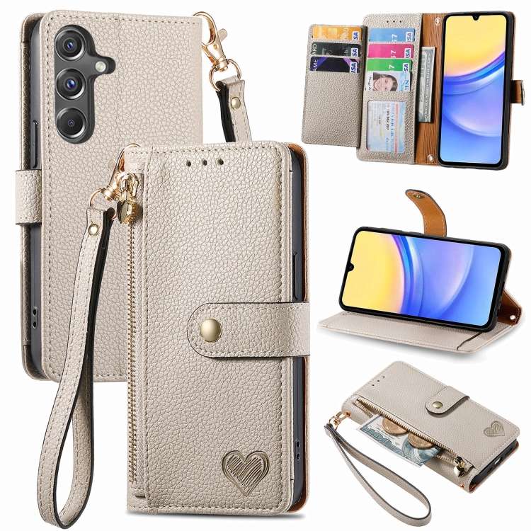 

For Samsung Galaxy A15 Love Zipper Lanyard Leather Phone Case(Gray)