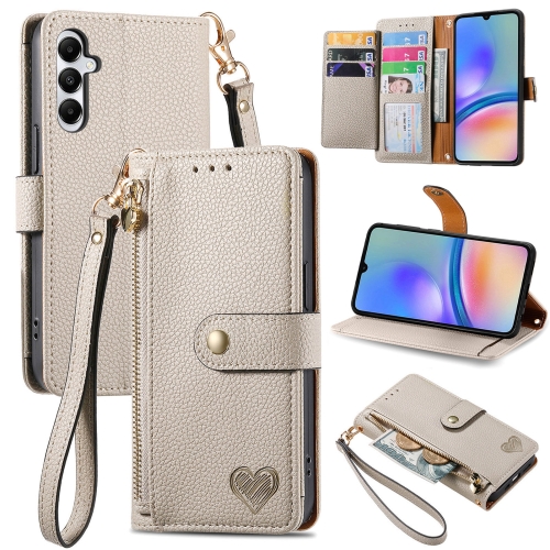 

For Samsung Galaxy A14 5G Love Zipper Lanyard Leather Phone Case(Gray)