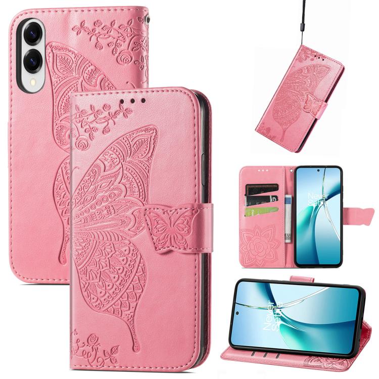 

For Samsung Galaxy S25 Edge 5G Butterfly Love Flower Embossed Leather Phone Case(Pink)