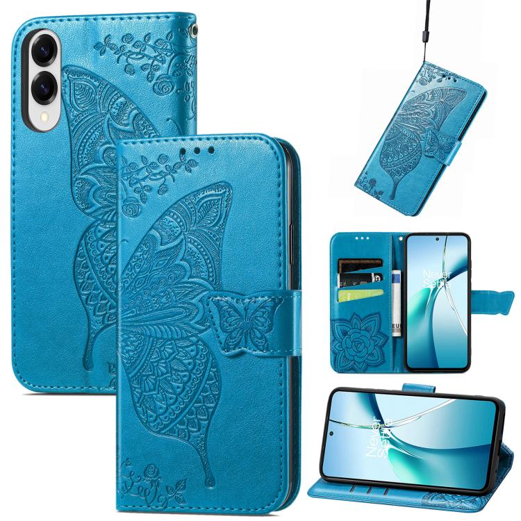 

For Samsung Galaxy S25 Edge 5G Butterfly Love Flower Embossed Leather Phone Case(Blue)