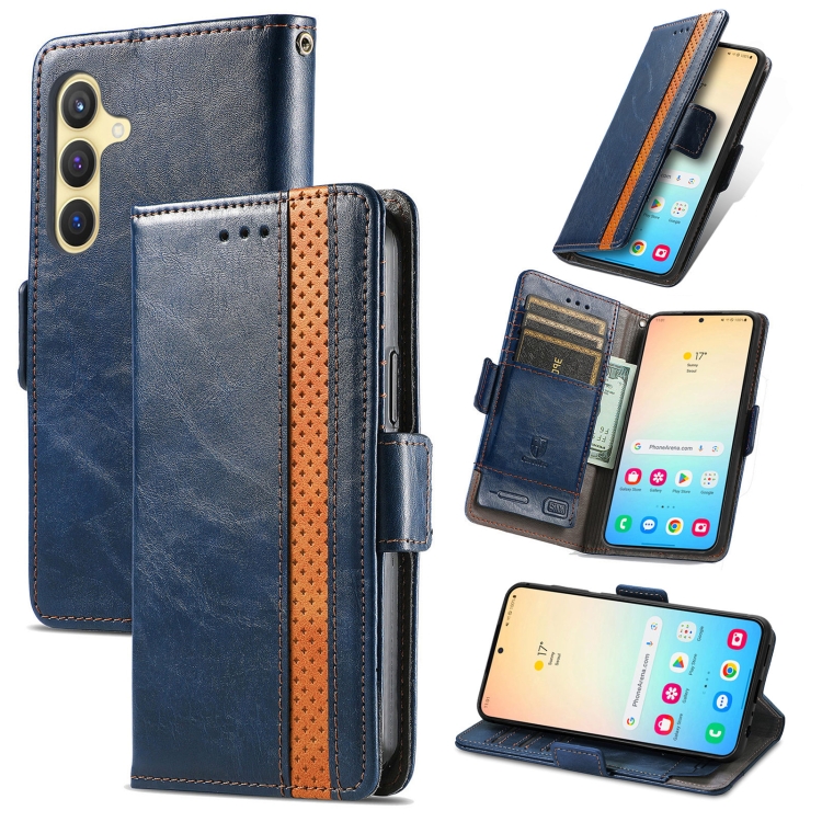 

For Samsung Galaxy S25 5G CaseNeo Splicing Dual Magnetic Buckle Leather Phone Case(Blue)