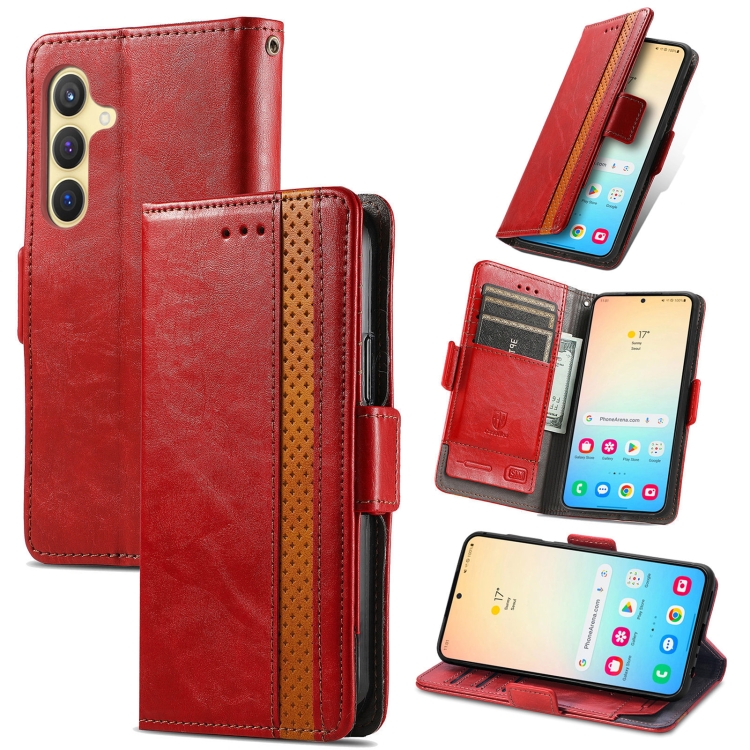 

For Samsung Galaxy S25 5G CaseNeo Splicing Dual Magnetic Buckle Leather Phone Case(Red)