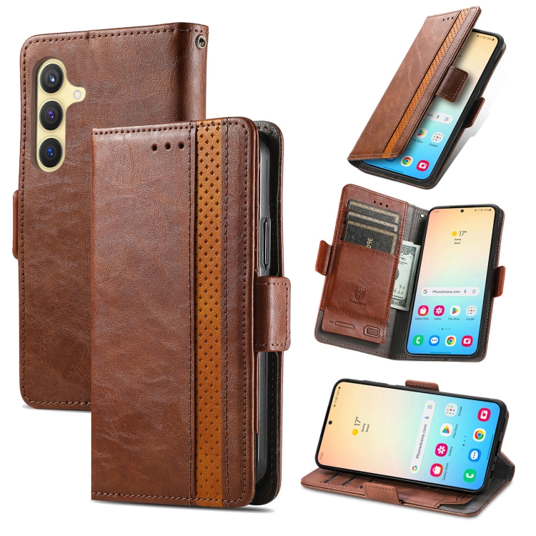 

For Samsung Galaxy S25+ 5G CaseNeo Splicing Dual Magnetic Buckle Leather Phone Case(Brown)