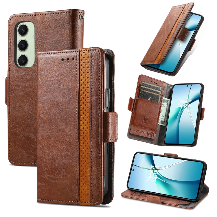 

For Samsung Galaxy S24 FE 5G CaseNeo Splicing Dual Magnetic Buckle Leather Phone Case(Brown)