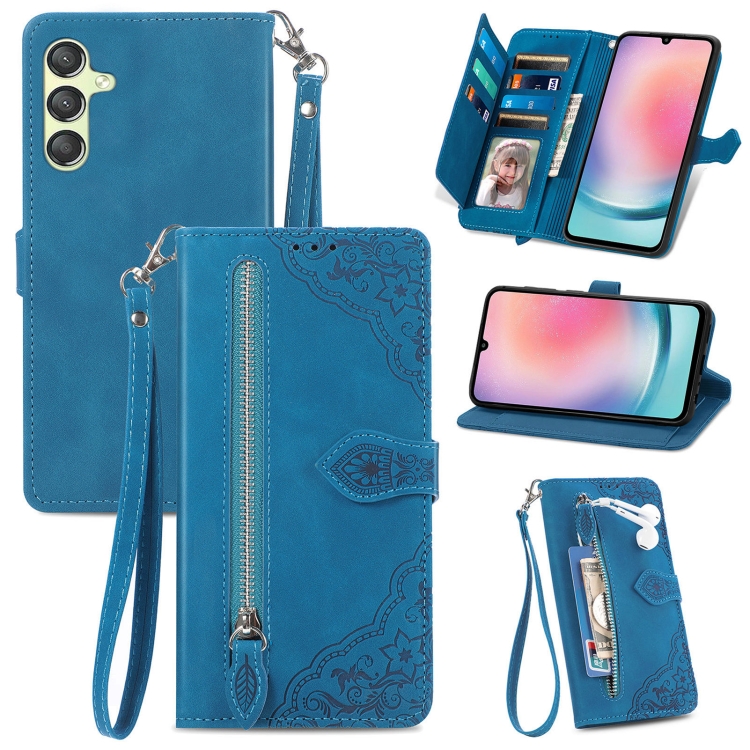 

For Samsung Galaxy A25 5G Embossed Flower Zipper Leather Phone Case(Blue)