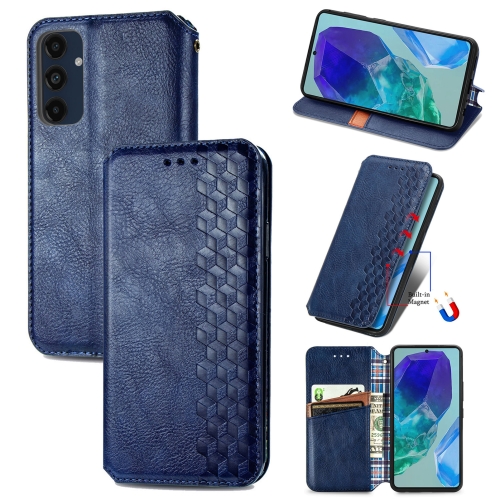 

For Samsung Galaxy M55 Cubic Grid Pressed Magnetic Leather Phone Case(Blue)