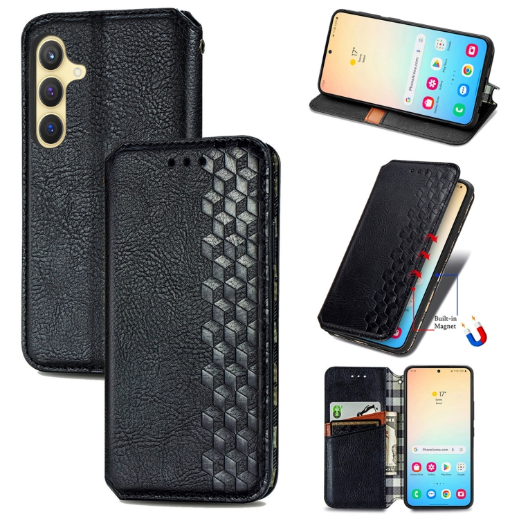 

For Samsung Galaxy S25 5G Cubic Grid Pressed Magnetic Leather Phone Case(Black)