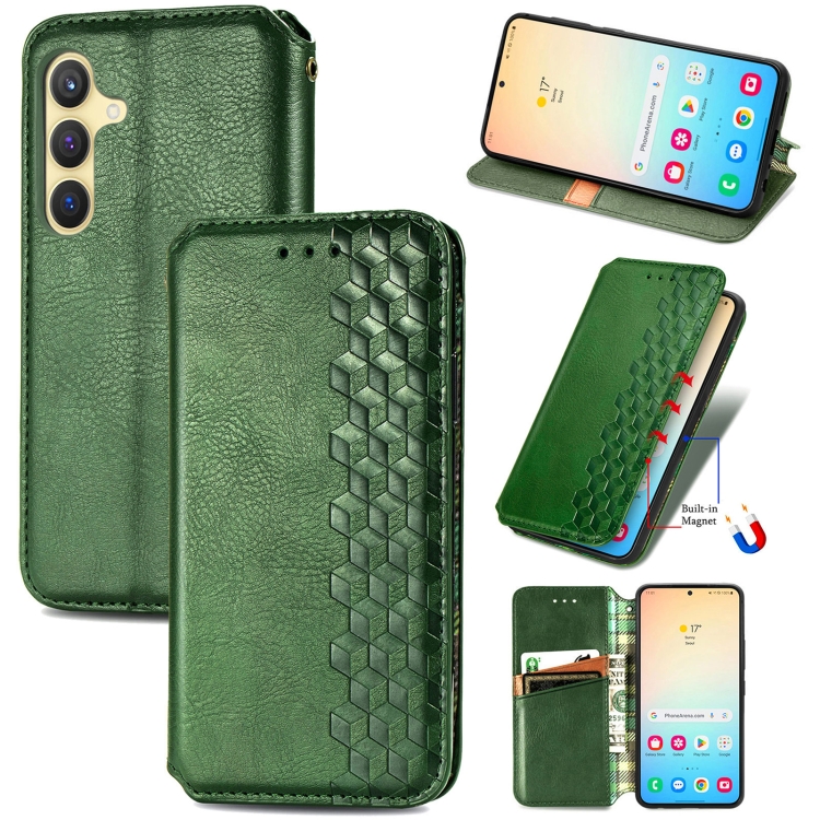 

For Samsung Galaxy S25 5G Cubic Grid Pressed Magnetic Leather Phone Case(Green)