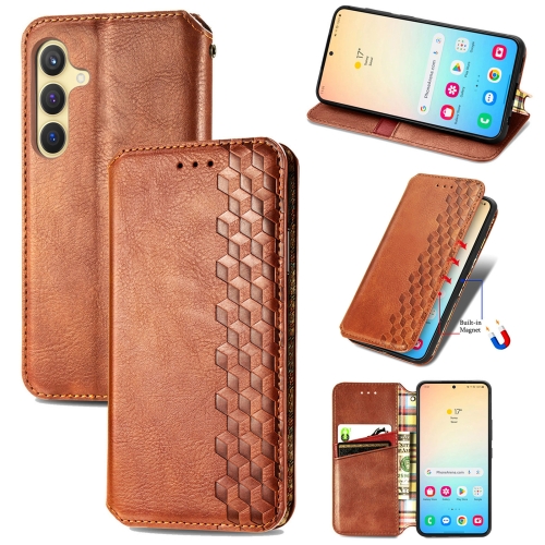 

For Samsung Galaxy S25 5G Cubic Grid Pressed Magnetic Leather Phone Case(Brown)