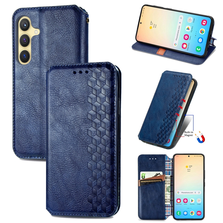 

For Samsung Galaxy S25+ 5G Cubic Grid Pressed Magnetic Leather Phone Case(Blue)