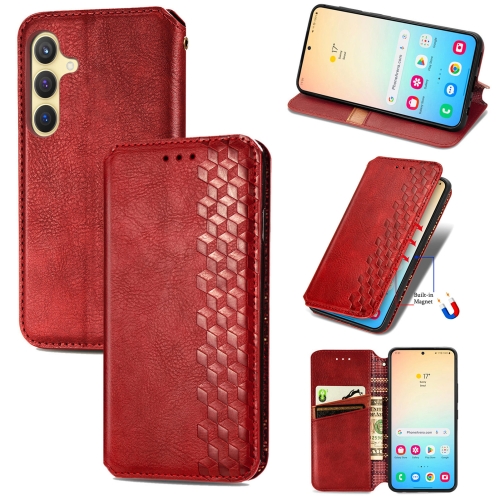 

For Samsung Galaxy S25+ 5G Cubic Grid Pressed Magnetic Leather Phone Case(Red)