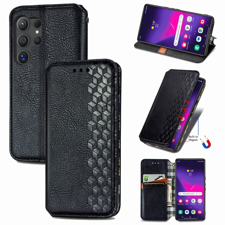 

For Samsung Galaxy S25 Ultra 5G Cubic Grid Pressed Magnetic Leather Phone Case(Black)
