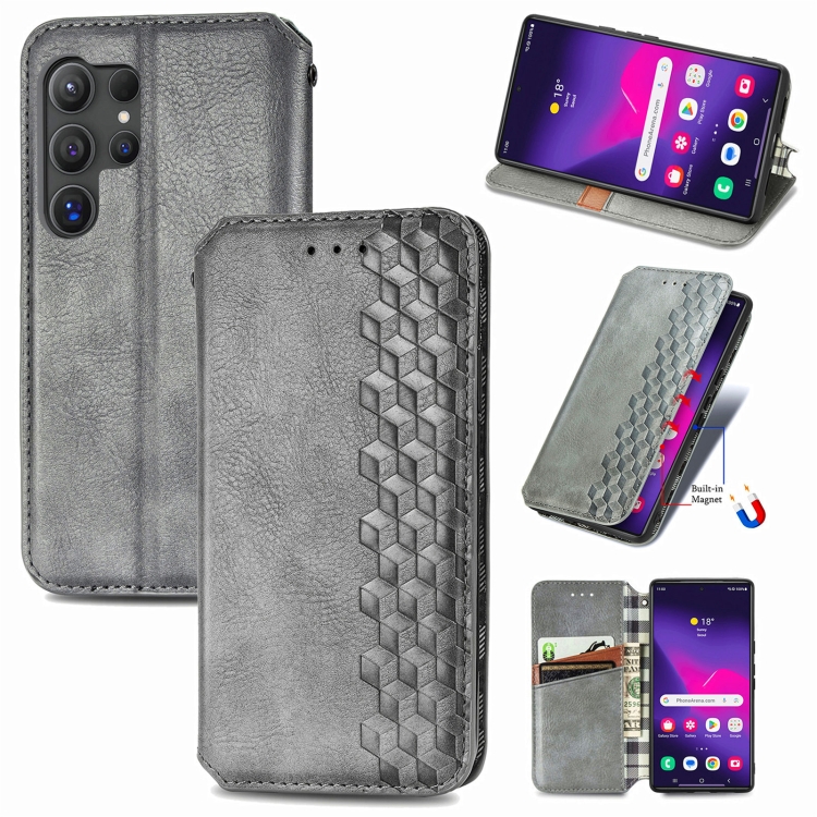 

For Samsung Galaxy S25 Ultra 5G Cubic Grid Pressed Magnetic Leather Phone Case(Gray)