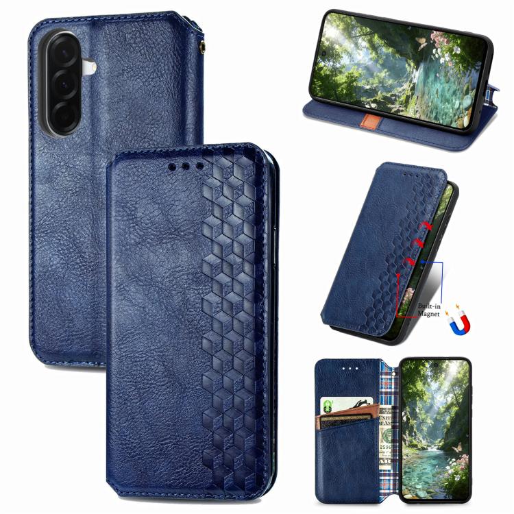 

For Samsung Galaxy A57 5G Cubic Grid Pressed Magnetic Leather Phone Case(Blue)
