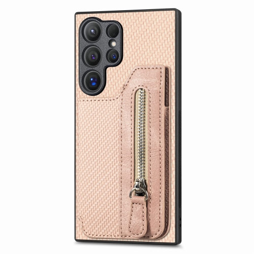 

For Samsung Galaxy S24 Ultra 5G Carbon Fiber Horizontal Flip Zipper Wallet Phone Case(Khaki)