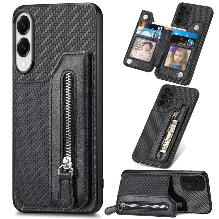 

For Samsung Galaxy S25 Edge 5G Carbon Fiber Horizontal Flip Zipper Wallet Phone Case(Black)