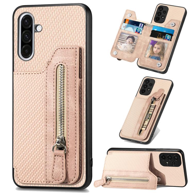 

For Samsung Galaxy S25 5G Carbon Fiber Horizontal Flip Zipper Wallet Phone Case(Khaki)