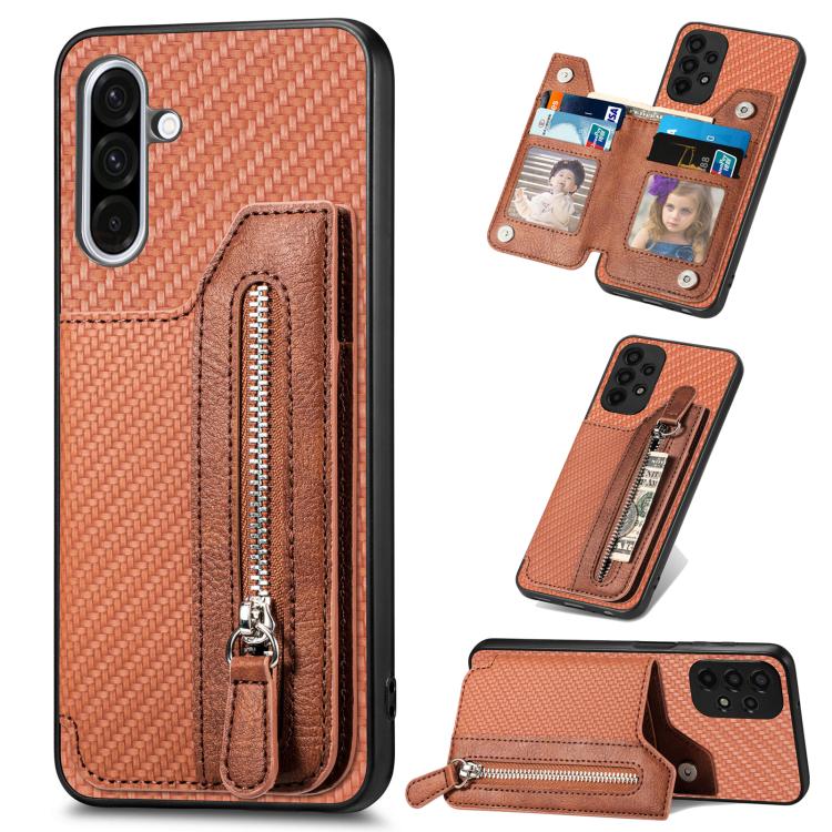 

For Samsung Galaxy S25+ 5G Carbon Fiber Horizontal Flip Zipper Wallet Phone Case(Brown)
