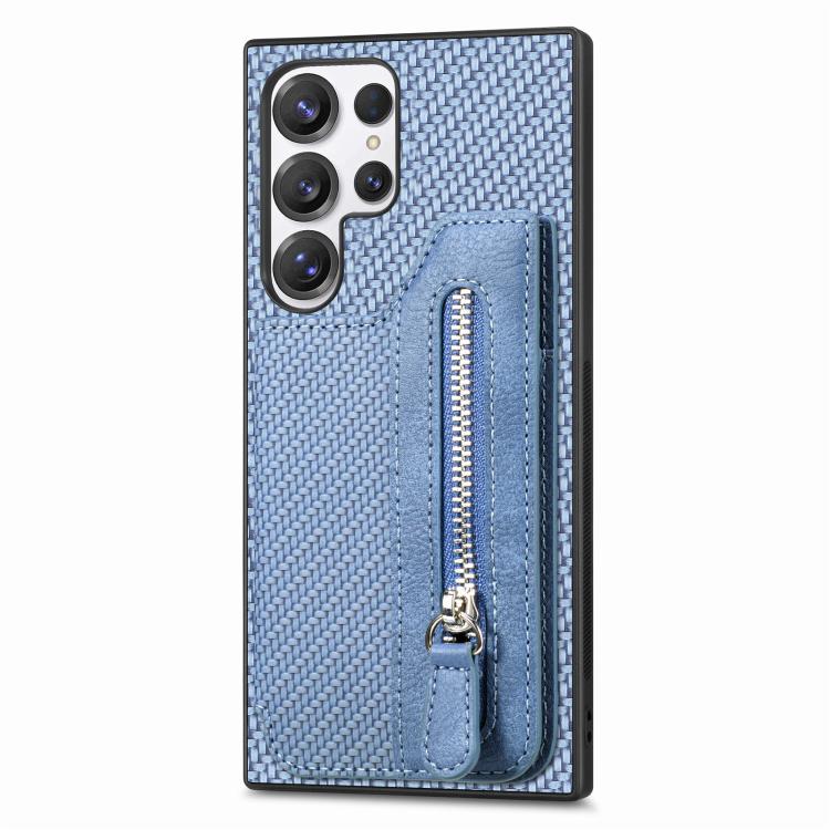 

For Samsung Galaxy S25 Ultra 5G Carbon Fiber Horizontal Flip Zipper Wallet Phone Case(Blue)