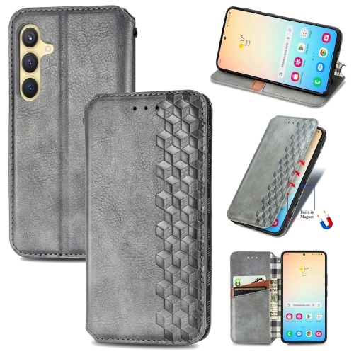 

For Samsung Galaxy S24 5G Cubic Grid Pressed Magnetic Leather Phone Case(Grey)