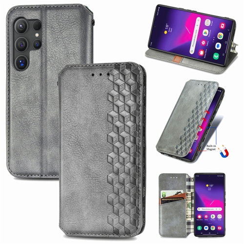 

For Samsung Galaxy S24 Ultra 5G Cubic Grid Pressed Magnetic Leather Phone Case(Grey)