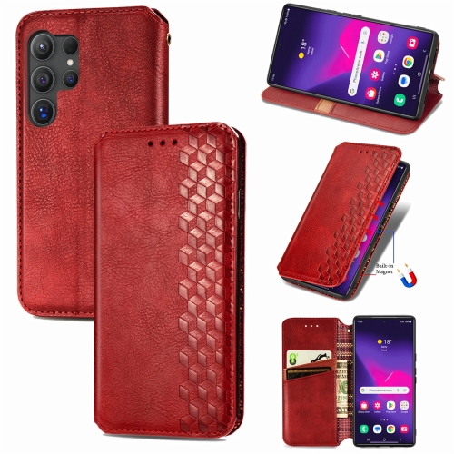 

For Samsung Galaxy S24 Ultra 5G Cubic Grid Pressed Magnetic Leather Phone Case(Red)