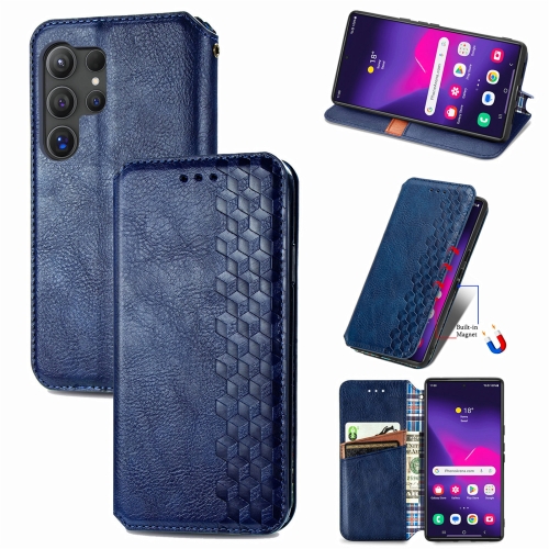 

For Samsung Galaxy S24 Ultra 5G Cubic Grid Pressed Magnetic Leather Phone Case(Blue)