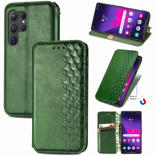 

For Samsung Galaxy S24 Ultra 5G Cubic Grid Pressed Magnetic Leather Phone Case(Green)