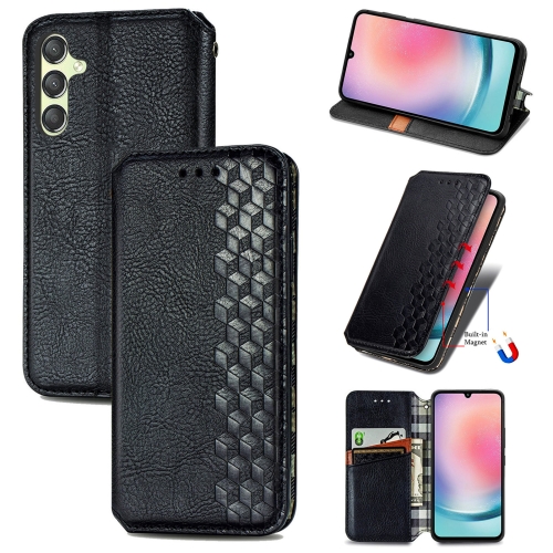 

For Samsung Galaxy A25 5G Cubic Grid Pressed Magnetic Leather Phone Case(Black)