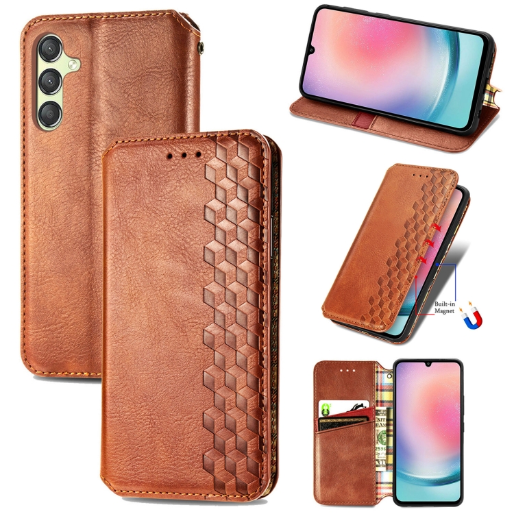 

For Samsung Galaxy A25 5G Cubic Grid Pressed Magnetic Leather Phone Case(Brown)