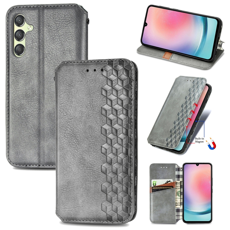 

For Samsung Galaxy A25 5G Cubic Grid Pressed Magnetic Leather Phone Case(Grey)