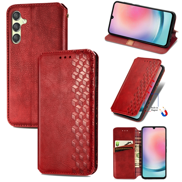

For Samsung Galaxy A25 5G Cubic Grid Pressed Magnetic Leather Phone Case(Red)