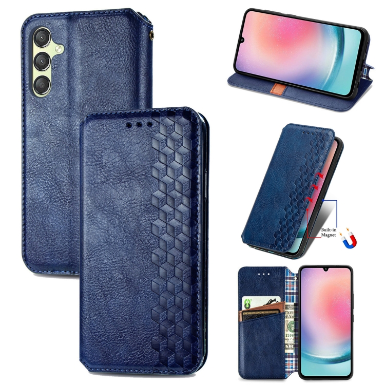 

For Samsung Galaxy A25 5G Cubic Grid Pressed Magnetic Leather Phone Case(Blue)
