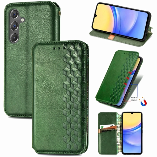 

For Samsung Galaxy A15 Cubic Grid Pressed Magnetic Leather Phone Case(Green)