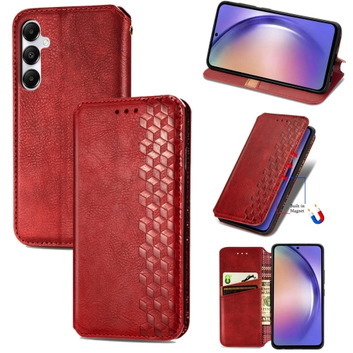

For Samsung Galaxy A55 5G Cubic Grid Pressed Magnetic Leather Phone Case(Red)