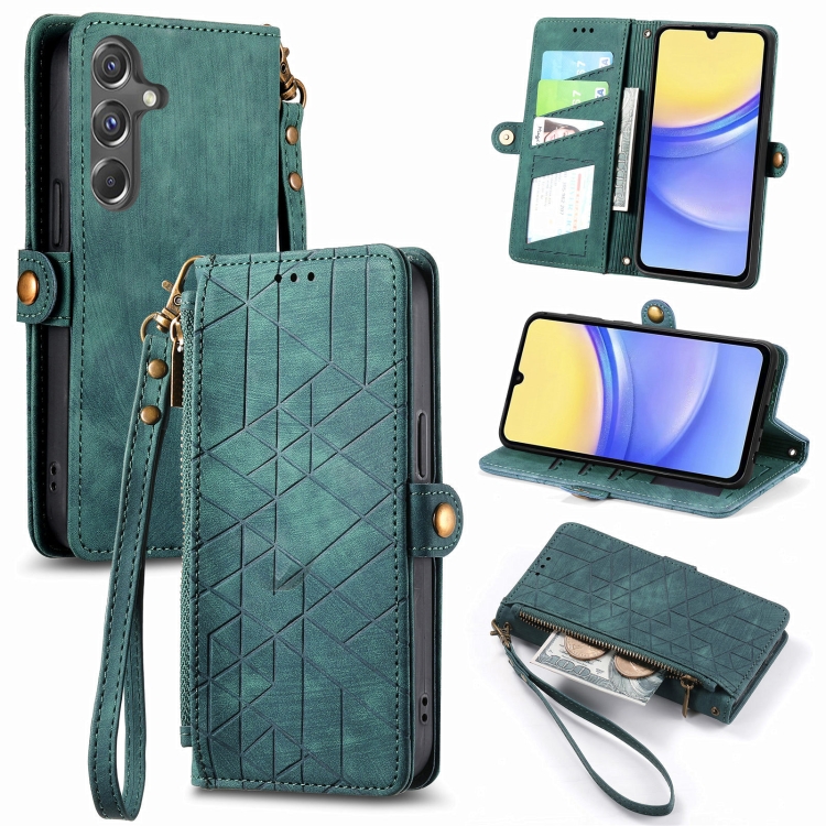 

For Samsung Galaxy A15 Geometric Zipper Wallet Side Buckle Leather Phone Case(Green)