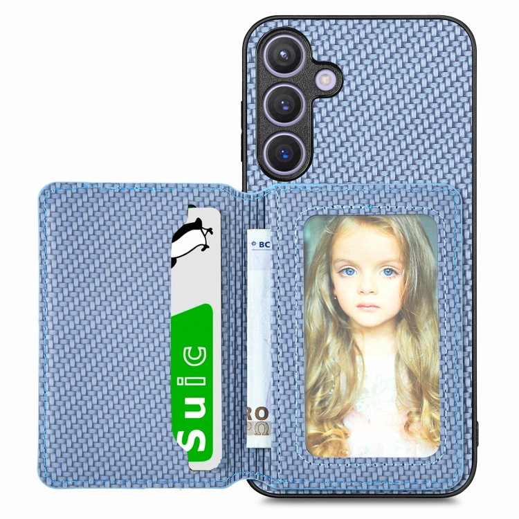 

For Samsung Galaxy S24+ 5G Carbon Fiber Magnetic Card Wallet RFID Blocking Phone Case(Blue)