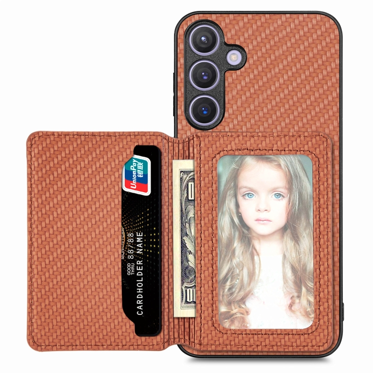 

For Samsung Galaxy S24+ 5G Carbon Fiber Magnetic Card Wallet RFID Blocking Phone Case(Brown)