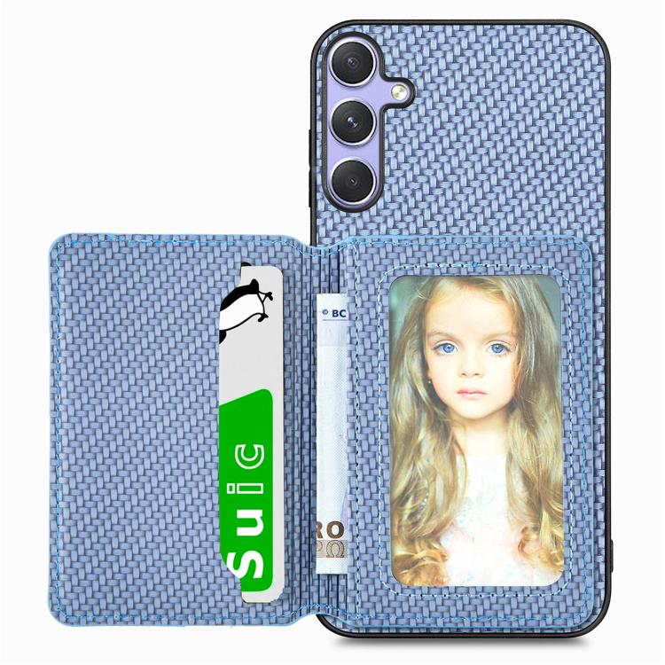 

For Samsung Galaxy S25+ 5G Carbon Fiber Magnetic Card Wallet RFID Blocking Phone Case(Blue)