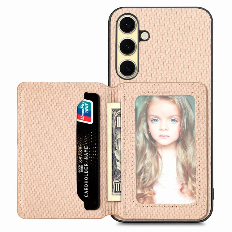 

For Samsung Galaxy A56 5G Carbon Fiber Magnetic Card Wallet RFID Blocking Phone Case(Khaki)