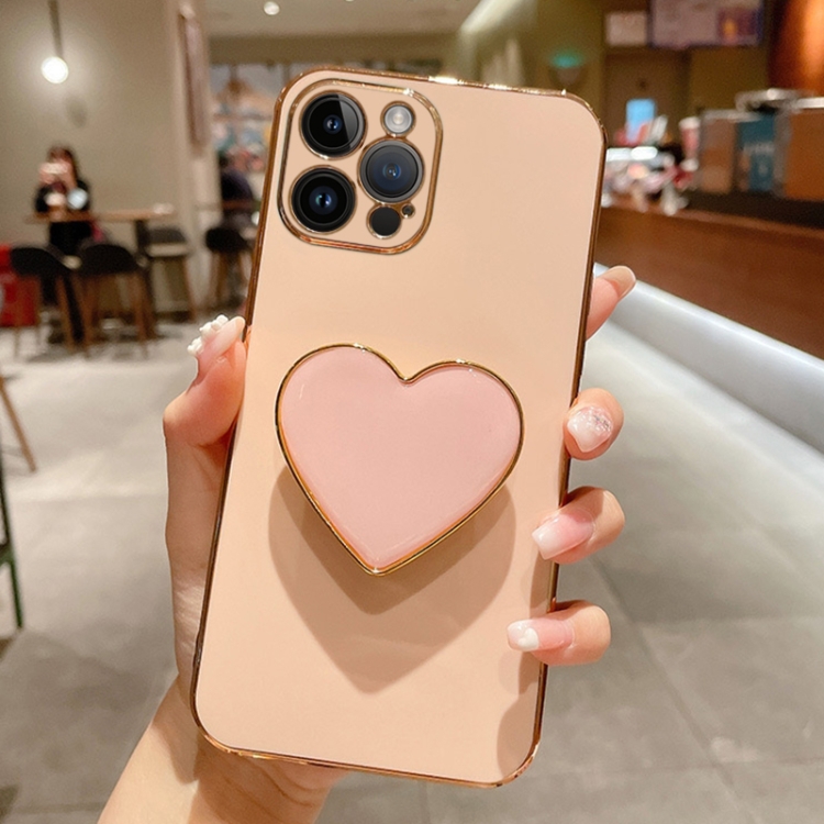 

For iPhone 15 Pro Electroplating Love Heart Holder TPU Phone Case(Pink)