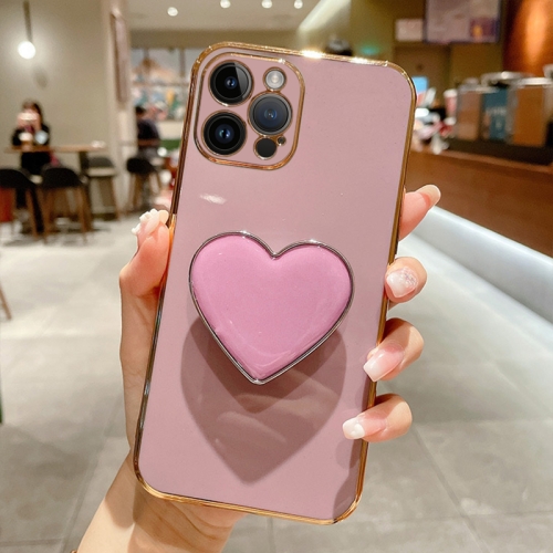 

For iPhone 15 Pro Electroplating Love Heart Holder TPU Phone Case(Purple)