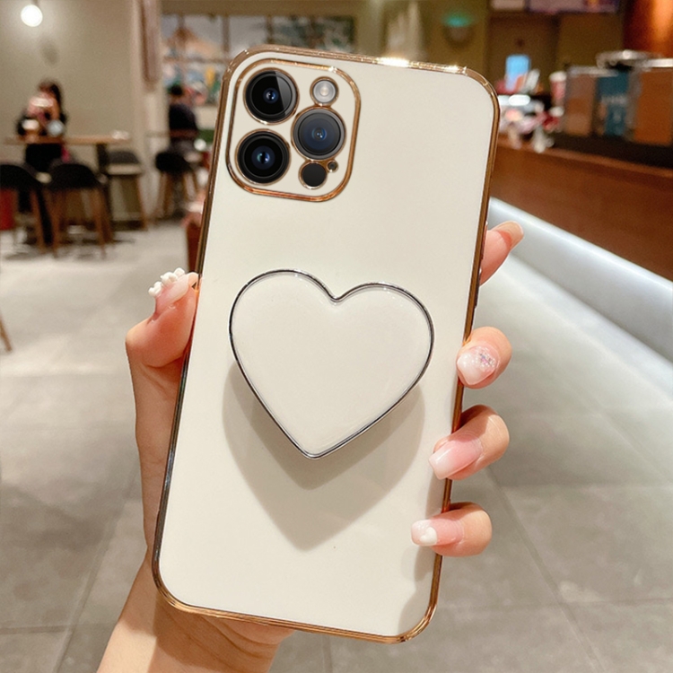 

For iPhone 15 Pro Electroplating Love Heart Holder TPU Phone Case(White)