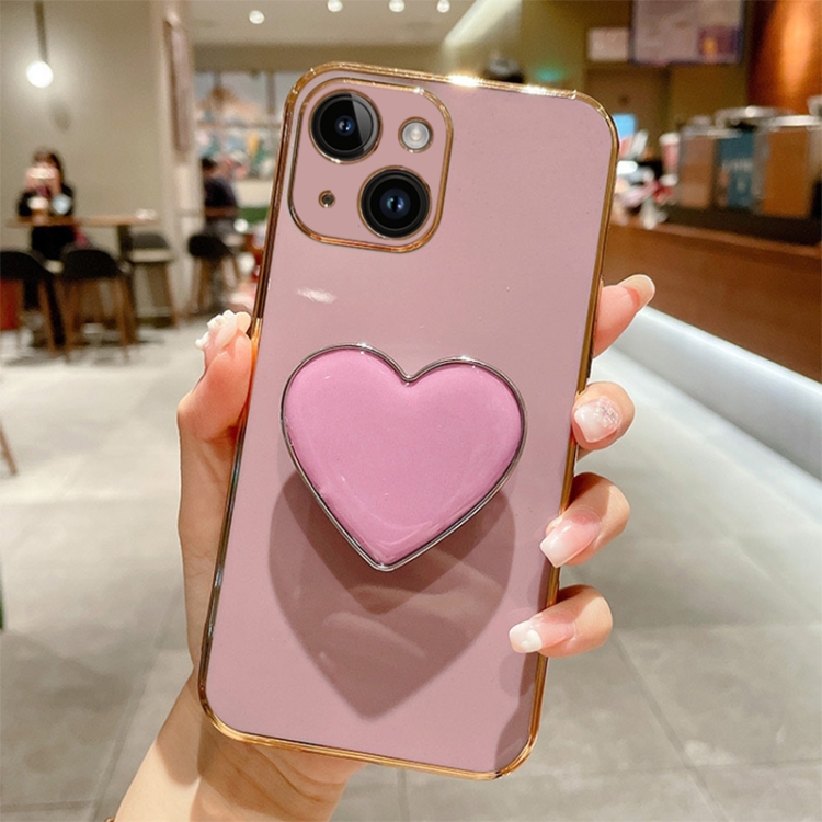 

For iPhone 15 Electroplating Love Heart Holder TPU Phone Case(Purple)