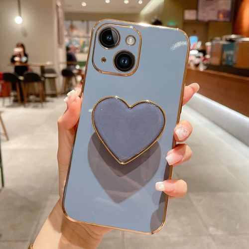 For iPhone 14 Electroplating Love Heart Holder TPU Phone Case(Blue)