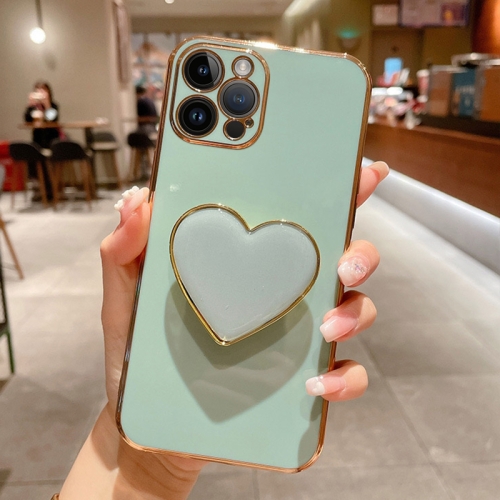 

For iPhone 12 Pro Electroplating Love Heart Holder TPU Phone Case(Green)