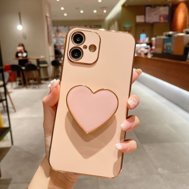

For iPhone 16 Plus Electroplating Love Heart Holder TPU Phone Case(Pink)